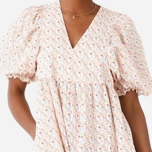 Hunter Bell Palmer Maxi Dress Tulip Print Linen Blend Puff Sleeve Size L NWOT